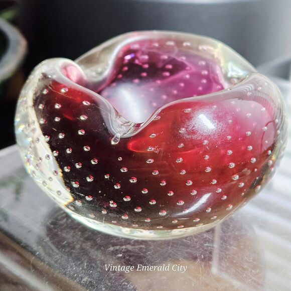 Vtg Drak Red Murano Hand Blown Glass Controlled Bubbles Candy Dish Ash Tray Read - Picture 6 of 10
